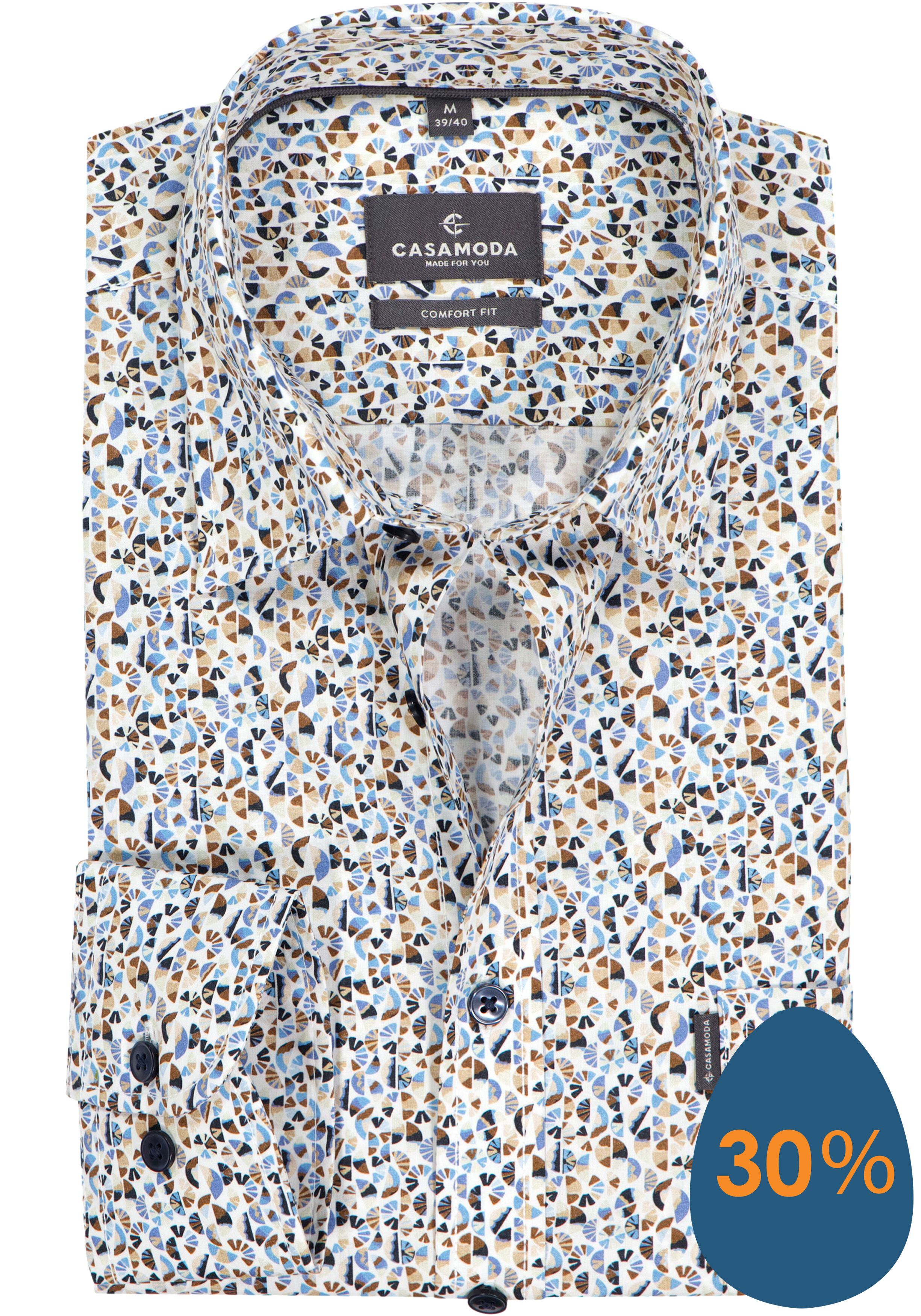 CASAMODA Sport comfort fit overhemd, popeline, wit met blauw, beige en groen dessin